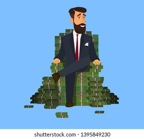 Happy rich man sitting confidently on a big pile of stacked money. Success in business. illustration vector illustration in cartoon style.