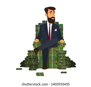 Happy rich man sitting confidently on a big pile of stacked money. Success in business. illustration vector illustration in cartoon style.