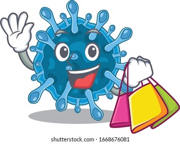 Happy rich microscopic corona virus mascot design waving and holding Shopping bag