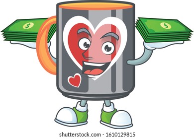 happy rich mug love character with money on hands