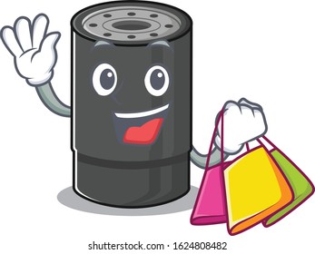 A happy rich oil filter waving and holding Shopping bag