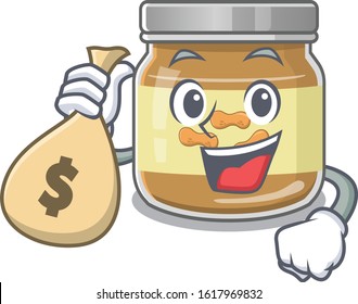 Happy rich peanut butter cartoon character with money bag