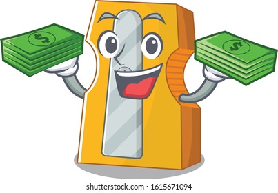 happy rich pencil sharpener character with money on hands