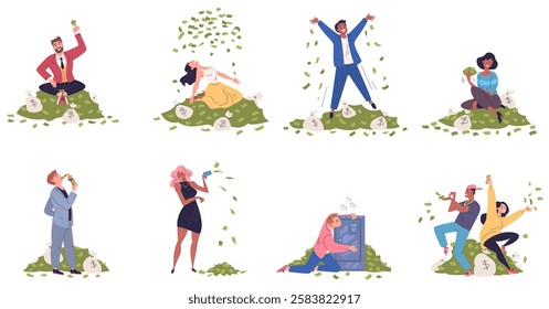 Happy rich people. Careless finance concept, wealthy person throw money cash lot wealth abundance man woman billionaire millionaire business characters classy vector illustration original artwork