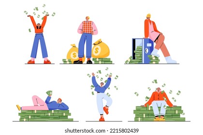 Happy rich people with stacks of cash, full money bags, safe. Concept of wealth, jackpot, lottery win, income increase, wellbeing with characters with banknotes bundles, vector flat illustration