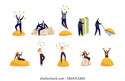 Happy Rich People Throwing Banknote, Sitting On Bags Of Money And Piles Of Gold. Millionaires, Financially Successful Business Men And Women Or Lottery Winners. Vector Illustration
