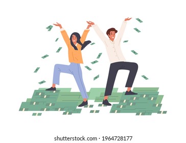 Happy rich people throwing money in air, making dollar rain. Successful couple and piles of cash. Prosperity and wealth concept. Colored flat graphic vector illustration isolated on white background