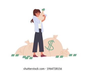 Happy rich person holding bag stuffed with money. Young woman with her savings in moneybag. Wealth and prosperity concept. Colored flat vector illustration isolated on white background