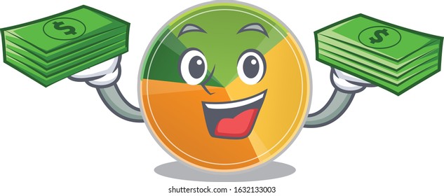 happy rich pie chart character with money on hands