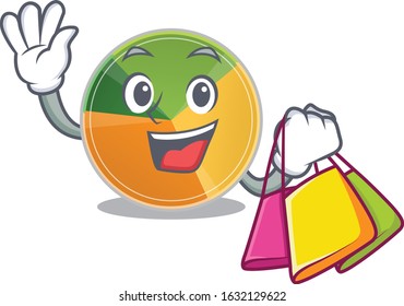 A happy rich pie chart waving and holding Shopping bag