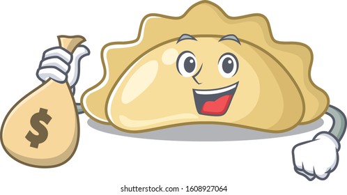 Happy rich pierogi cartoon character with money bag