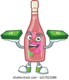 happy rich pink bottle wine character with money on hands