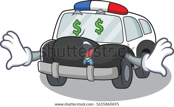 Happy\
rich police car cartoon character with Money\
eye