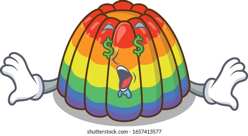 Happy rich rainbow jelly cartoon character with Money eye
