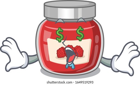 Happy rich raspberry jam cartoon character with Money eye