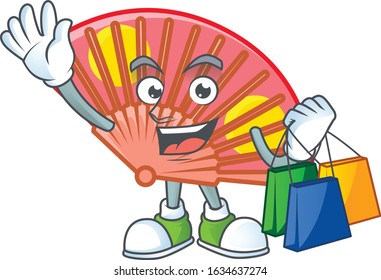 A happy rich red chinese folding fan waving and holding Shopping bag