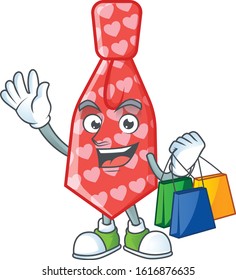 A happy rich red love tie waving and holding Shopping bag