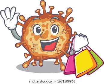 Happy rich retro virus corona mascot design waving and holding Shopping bag