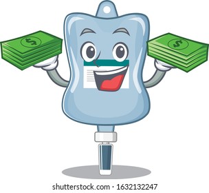 happy rich saline bag character with money on hands