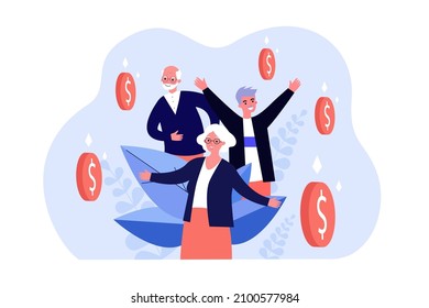 Happy rich senior characters with falling money rain. Smiles of old male and female millionaires flat vector illustration. Jackpot, wealth concept for banner, website design or landing web page