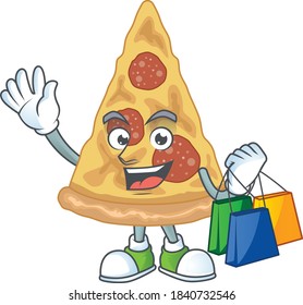 Happy rich slice of pizza Caricature picture with shopping bags. Vector illustration
