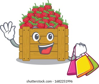 Happy rich strawberry fruit box mascot design waving and holding Shopping bag
