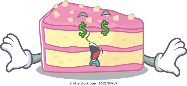 Happy rich strawberry slice cake cartoon character with Money eye