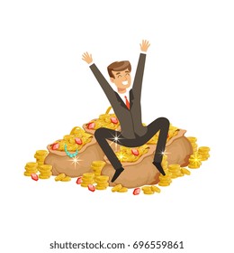 Happy rich successful businessman character sitting on a pile of money and precious stones vector Illustration