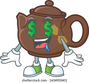 Happy rich teapot with Money eye cartoon character style