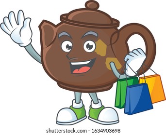 A happy rich teapot waving and holding Shopping bag