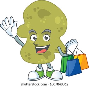 Happy rich verrucomicrobia Caricature picture with shopping bags. Vector illustration