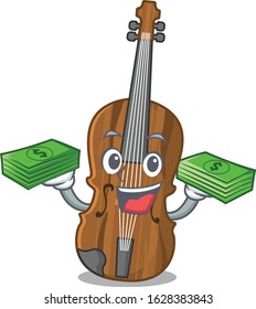happy rich violin character with money on hands