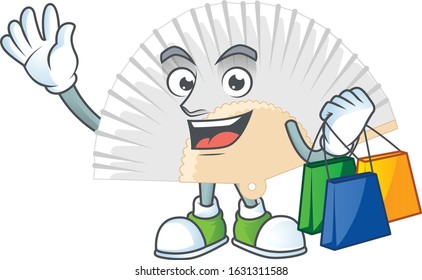 A happy rich white chinese folding fan waving and holding Shopping bag