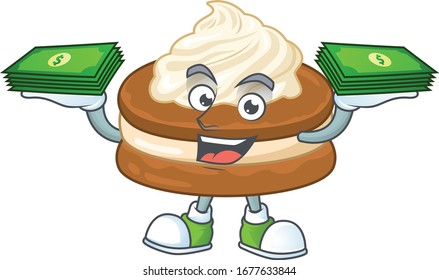 happy rich white cream alfajor character with money on hands