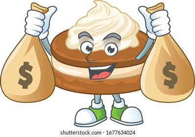 Happy rich white cream alfajor mascot design carries money bags