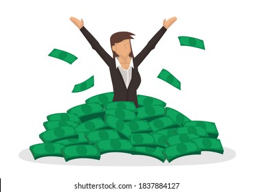 Happy rich woman with big heap of stacked money. Billionaire business woman or smiling on a huge cash pile. Business success. Flat isolated vector illustration.