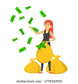 Happy rich woman holding the money bag and throwing green banknotes vector isolated. Successful businesswoman, wealthy person. Idea of finance and investment.