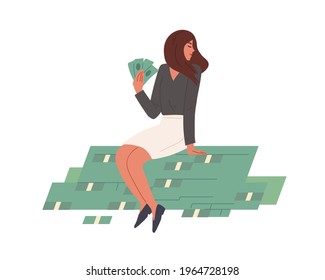 Happy rich woman sitting on stack of money with cash in hands. Young millionaire on dollar heap. Wealth, abundance and richness concept. Colored flat vector illustration isolated on white background