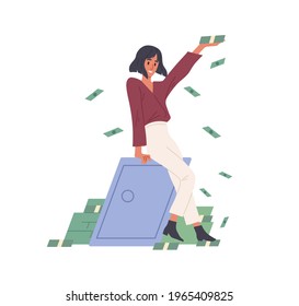 Happy rich woman throwing money, making cash rain. Millionaire near metal safe box with savings. Financial success concept. Colored flat graphic vector illustration isolated on white background