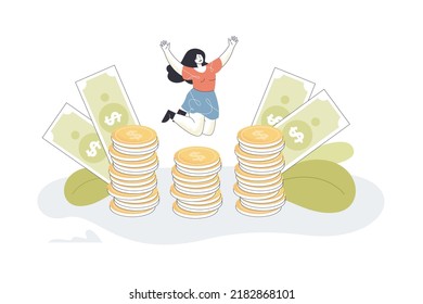 Happy rich woman winning money. Tiny ecstatic girl jumping over stacks of coins and dollar bills flat vector illustration. Success, jackpot concept for banner, website design or landing web page