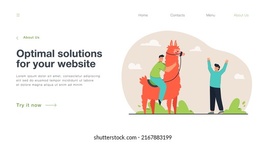 Happy rider riding funny pink llama. Male friends with cute animal from Peru flat vector illustration. Peruvian travel, nature, vacation concept for banner, website design or landing web page