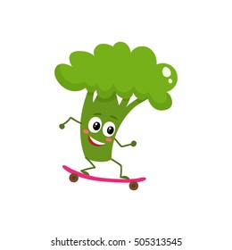 Happy ripe broccoli riding a skate, cartoon vector illustration isolated on white background. Cute funny broccoli character riding a skateboard, doing sport, fitness motivation for kids