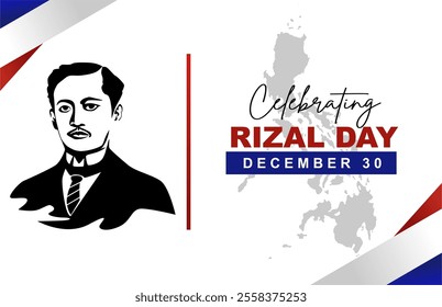 Happy Rizal Day 2024 Banner and Background with Jose Rizal Illustration, Philippines Map on Modern Background. 