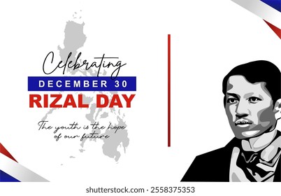 Happy Rizal Day 2024 Banner and Background with Jose Rizal Illustration and Quote. Best for Philippines National Hero Celebration. 