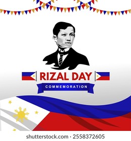 Happy Rizal Day 2024 Greeting Design with Jose Rizal Face and Philippines Flag Illustration. Rizal Day Background, Template, Design, Poster, Vector Illustration. 