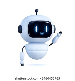 Happy robot. 3d ai character, chat bot mascot isolated on white background, GPT chatbot icon. Artificial intelligence, trendy technology, support service, funny automaton computer vector illustration