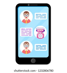 Happy robot chart with man. Support service bot. Vector illustration