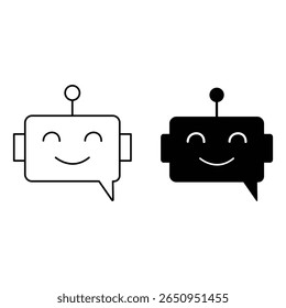 Happy robô chatbot face fala balão ícone definido com antena em plana e contorno mínimo estilo ilustração vetor.