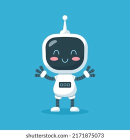 Robot feliz con pantalla digital en el pecho y antena ondeando manos, ilustración vectorial plana aislada en fondo azul. Caricatura chatear al personaje de bot con cara alegre. Concepto de asistencia al cliente de Ai.