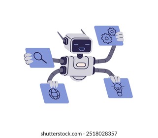 Ein glücklicher Roboter mit vier Armen hält Symbole für eine Glühbirne, Lupe, Zahnräder und einen Globus. Ideal für Technologie, Innovation, KI, Robotik und Themen der digitalen Transformation. Cartoon, Vektor